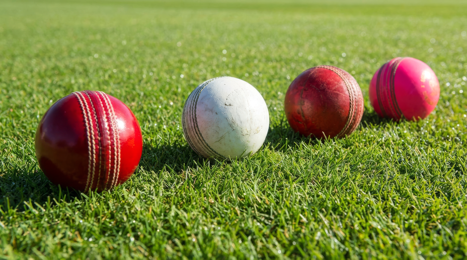 A close-up view of four cricket balls resting on a well-maintained grassy playing field. The foreground features a shiny red cricket ball with intricate white stitching, positioned towards the left si